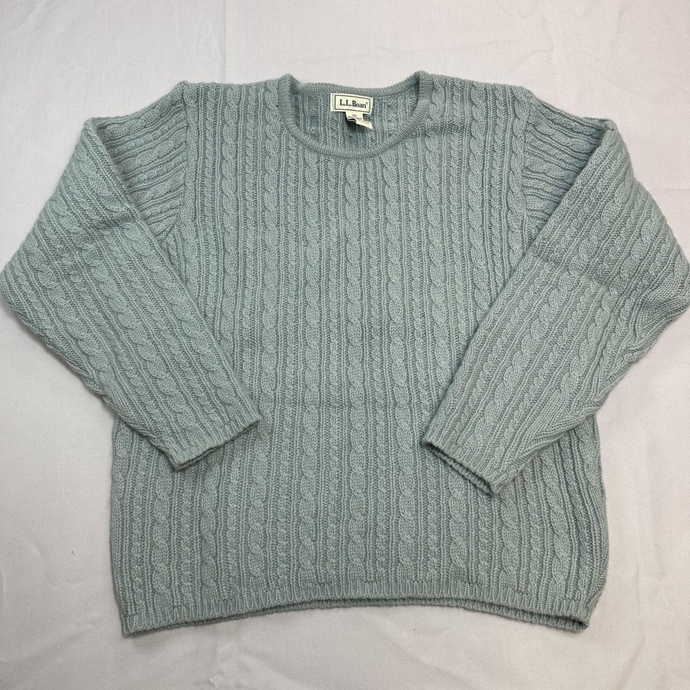 L.L. Bean Sweater Pullover Womens M Blue Wool Angora Cable-Knit Warm Scotland
